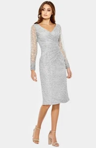 MAC DUGGAL 6 Embroidered Mesh Midi Dress Sheer Long Sleeves Platinum 12408 NWT - Picture 1 of 23