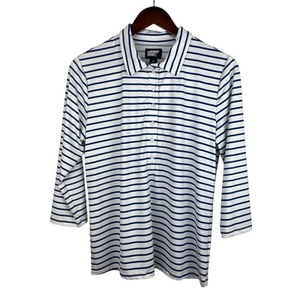 Lands End Size Medium White Blue Stripe UPF 50 Popover Polo Shirt Golf Pickle - Picture 1 of 9