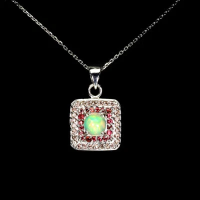 925 Argento Sterling Rotondo Collana Opale di Fuoco 6mm Zaffiro Diamante Taglio - Immagine 1 di 4
