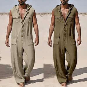 Mens Cotton Sleeveless Hooded Jumpsuits Overalls Casual Loose Pants Long Rompers - Picture 1 of 23