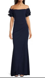 XSCAPE Navy ROSETTE Off the Shoulder RUFFLE Sleeve RUCHED Waist GOWN Size 4 - Picture 1 of 11