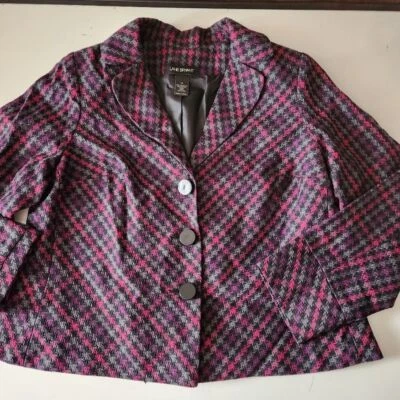 Blazer Lane Bryant Negro Púrpura Rosa Talla 16 Tweed Doble Pecho Forrado Chevron Foto 1 de 4