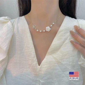 Moda Mujeres Joyería Elegante Collar Flores Perlas Cristal Arco Estilo 1671 - Imagen 1 de 3