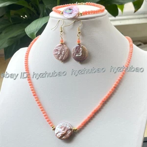Pendientes Pulsera Collar Perla Moneda Keshi Púrpura 20mm Coral Rosa Natural 3.5mm - Imagen 1 de 9