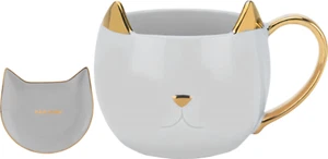 Ceramic Cat Mug 12oz Cup + Cat Tea Bag Holder Tray Set Grey Cute Gift Set - Picture 1 of 8