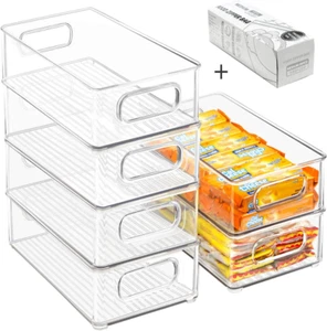 6-Pack Stackable Fridge Organizer Bins | Clear Storage Containers (10"L) - Picture 1 of 7