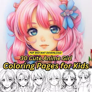 30 anime girl kids coloring book pages, coloring pages Stress Relief - Paper Ver - Picture 1 of 7