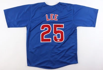 Camiseta deportiva personalizada azul auto firmada por Derrek Lee de los Chicago Cubs Beckett Witness JSA Foto 1 de 2