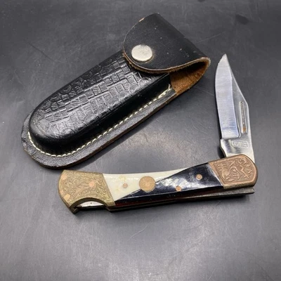Vintage Folding Lockback Pocket Knife Ying Yang Handle Pakistan w Holster Sheath - Image 1 of 4