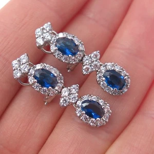 925 Sterling Silver Blue & White C Z Dangle Omega Back Earrings - Picture 1 of 7