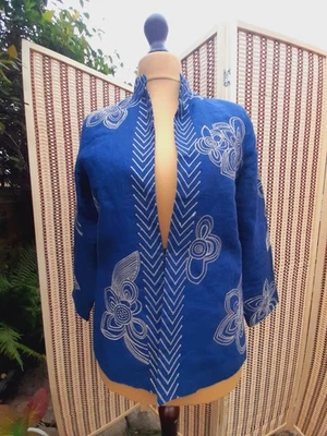 100% Linen Navy Blue Kimono Style Jacket With Gold Embroidery Size Large - Image 1 of 4