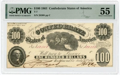 1861 T-7 $100 The Confederate States of America Note - CIVIL WAR Era PMG AU 55 - Image 1 of 2