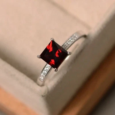 1.60 Ct Princess Cut Natural Garnet Diamond Ring 14K Solid White Gold Size All - Image 1 of 4
