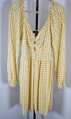 Forever 21 Smocked Peasant Peep Hole 连衣裙-黄色和白色格子-尺寸 2X — 第 1/4 张图片