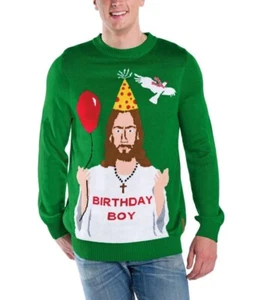 Tipsy Elves Birthday Boy Jesus Christmas Men’s Green Sweater Sz.S Acrylic ￼ - Picture 1 of 5