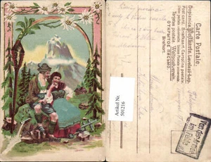 501216,Präge Litho Paar Liebe Umarmung Pfeife Rauchen Bergkulisse Edelweiß - Picture 1 of 1