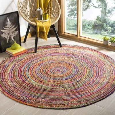 Round Rug Design Jute & Cotton Carpet Handmade Area Living Dinning Room Rug - Image 1 of 4