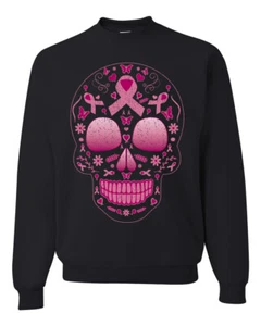 Sudadera Rosa Cáncer de Mama Azúcar Cráneo Unisex Cuello Redondo - Imagen 1 de 5