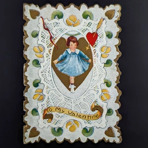 Vintage Die Cut Valentine Card Girl Hearts Bow Arrow Whitney Made - Picture 1 of 9