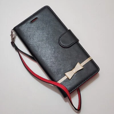 For iPhone 6+/7+/8 Plus GIRLS FAUX LEAHTER WALLET PHONE CASE & STRAP BLK PINK - Image 1 of 4