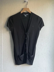 Ralph Lauren Short Sleeve V Neck Button Pocket Cardigan 100% Pima Cotton Black M - Picture 1 of 5