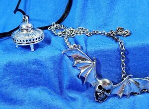 Skull With Bat Wings Chain Necklace and UFO with Black Cord Necklace