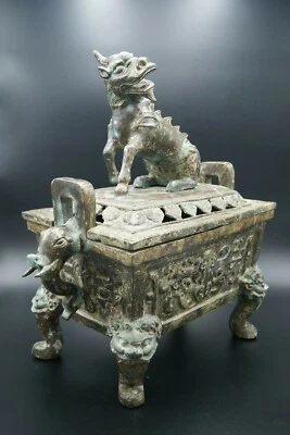 QUEMADOR DE INCIENSO DE BRONCE RECTANGULAR MASIVO DE CHINA A VIETNAM LEÓN GUARDIÁN 18-XIX Foto 1 de 4
