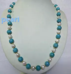 20" New Design AAA South Sea Natural White Pearl Turquoise Necklace 14k Gold P - Picture 1 of 6