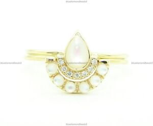 14k Yellow Gold Natural Pearl Diamond Wedding Set Band Engagement Ring For Women