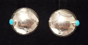 Sterling Silver Turquoise Stamped Round Dome SW Earrings 5/8" diam. Handmade - Picture 1 of 20