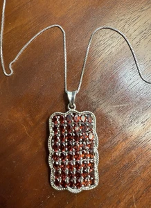 Garnet Pendant Necklace Sterling Large Rectangular Shape 18" - Picture 1 of 5