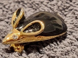 Gold Tone Mouse Brooch Pin Rhinestone Eyes Black Faux Stone - Picture 1 of 12