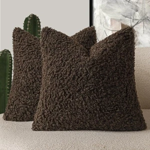 2 Pieces 18x18 Inch Dark Brown, Faux Fur Throw Pillow Cover Accent Sherpa Fur... - Picture 1 of 7
