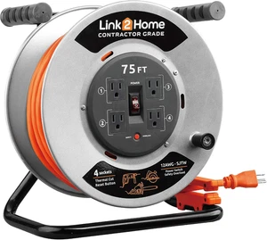 Contractor Grade Retractable Extension Cord Reel 75 Ft. with 4 Outlets & Heavy D - Picture 1 of 9