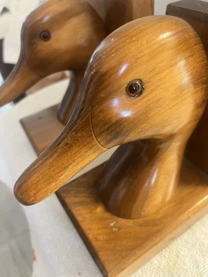 Vintage Glass Eyed Mallard Duck Bookends Hand Carved Wood - Image 1 of 4