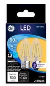 2 Pack GE LED Decorative Bulbs BM Clear Finish 5 Watt 60 W Replacement Dimmable - Picture 1 of 1