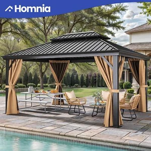 16x12' Outdoor Patio Canopy Gazebo Hardtop Roof Aluminum Frame Curtains Netting - Picture 1 of 14