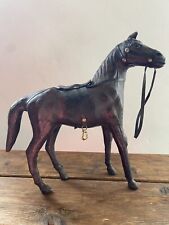 Vintage Leather Horse Statue Sculpture Figure Glass Eyes W/ Saddle Reins 11”