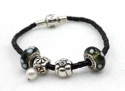 Pandora Charm Pulsera Cuero Negro Cordón Murano Cristal Perla y Dijes Esterlina  Foto 1 de 4