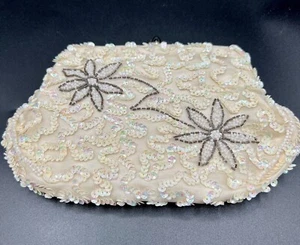 Vintage Walborg Off White Clutch Handtasche Pailletten Perlen Blumen West Germany - Bild 1 von 10