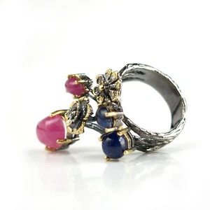 Ring 925 Silber Edelsteine Blüten Blumen Rubin Saphir - Bild 1 von 3