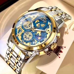 New Men's Luxury Skeleton Quartz Watch Gold Waterproof Stainless Steel Analogue - Imagen 1 de 14