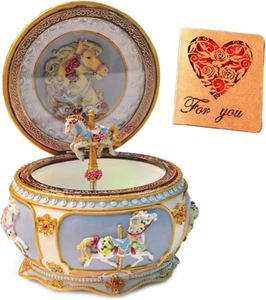 Classical Carousel Horse Music Box LED Lights Twinkling Resin Carved Collectible - Picture 1 of 6