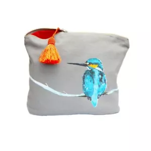 Kingfisher Bird Design Grey Handmade Cotton Cosmetic Makeup Bag Emily Smith NEW - Picture 1 of 2