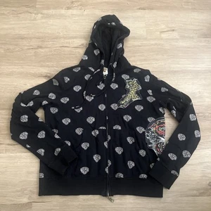 Vintage Ed Hardy by Christian Audigier All Over Print/patch Hoodie Women Size L - Picture 1 of 8