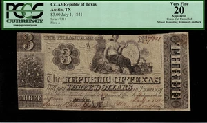 1838-41 $3 Obsolete Austin, Texas - Republic of Texas - Graded PCGS 20 Apparent - Picture 1 of 2