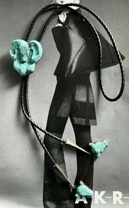 Rare Vintage Navajo Ram Sterling Silver Turquoise Leather Bolo Tie / Pendant - Picture 1 of 17