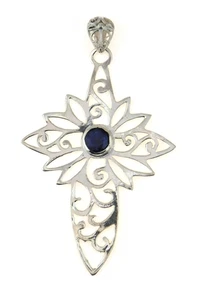Fancy Open Work Scroll 925 Sterling Silver & Lapis Cross Pendant - Picture 1 of 8
