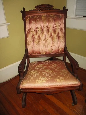 Antiguo Eastlake Ornamentado Victoriano Nogal Plataforma Balancín Tela Rosa con Flores Foto 1 de 4