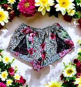 SECRET TREASURES Pajama Sleep Shorts Pink FLORAL Animal Print LACE Womens Medium - Picture 1 of 9